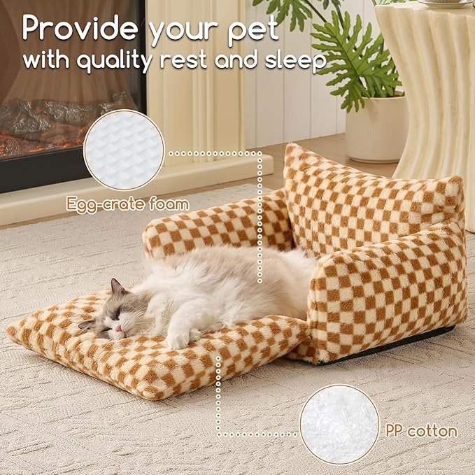 Hollypet Cat Bed Fluffy Plush Mutifuctional Double-Layer Soft Pet Couch Orthopedic Sofa Nest Beds for Small Cats and Dogs, Brown and Light Yellow (25x20x13 inch)