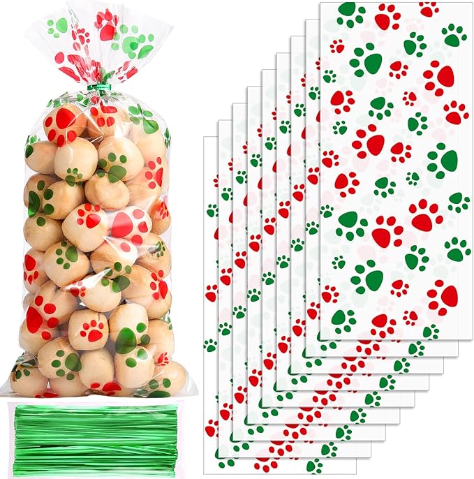 Blulu 100 Pieces Dog Treat Bags Puppy Party Favor Pet Paw Cone Cellophane Bags Candy Heat SealableDog Paw Gift with 100 Pieces Silver Twist Ties for Pet Cat Treat Party Favor(Red and Green)