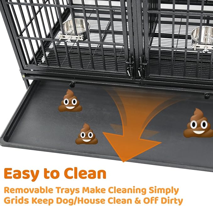 Homey Pet 42 inch Stackable Heavy Duty Dog Crate Cage on Wheels with Divider, 2 Bowls, 4 Lockable Wheels, Tray, Indestructible Escape Proof Medium Sized Dog Kennel Indoor