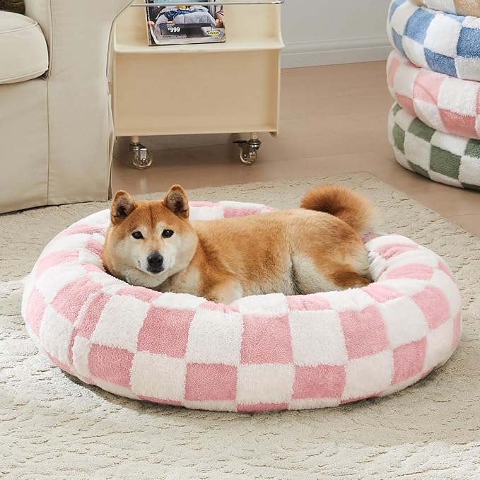 Checkered Dog Bed, Cute Girly Pink Retro Style Aesthetic Round Warming Pet Calming Beds for Small Dog and Cats, Plush Cozy Donut Dog Beds Washable, 30" L x 30" W x 8" Th