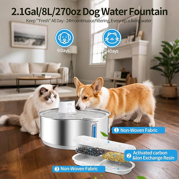Wireless Dog Water Fountain, Petsamuse 5000mah Battery Operated Water Fountain for Dogs, 2.1Gal/8L Stainless Steel Cat Water Fountains for Cats & Dogs, Ultra-Quiet Water Bowl Dispenser with 13 Filters