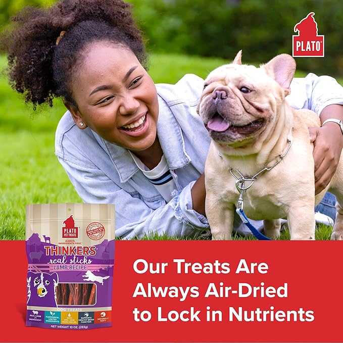 Plato Pet Treats Thinkers - Meat Sticks for Dogs - Limited Ingredient Treats with EPA and DHA to Support Skin, Coat, and Brain - Air-Dried - Lamb 10oz
