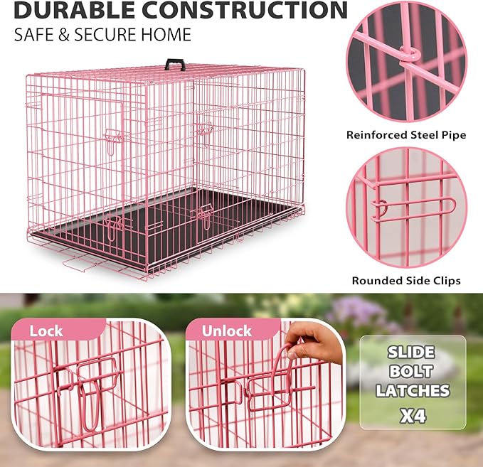 BestPet | Dog Crate | 36" | Pink | Foldable Metal Kennel with Double Doors, Secure Slide-Bolt Latches, Leakproof Tray | Portable Dog Cage for Medium Sized Breeds | for Travel, Indoor & Outdoor Use