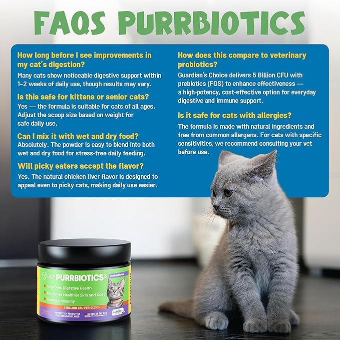 Guardian’s Choice Purrbiotics, Cat Probiotic Powder for Digestive & Immune Support, 5 Billion CFU with Prebiotics & Fiber, Shelf-Stable Probiotics for Cats, Chicken Flavor Cat Probiotics, 120 Servings