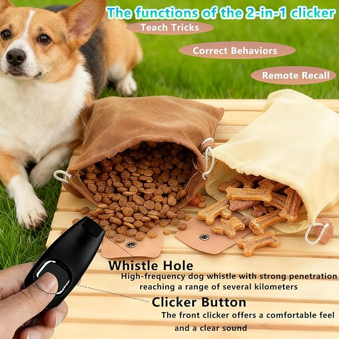 Dog Treat Pouch with Training Clicker & Whistle - Stylish & Portable Large-Capacity Foldable Pet Training Pouch with Wlastic Belt for Outdoor Use/Pet Training (Black)