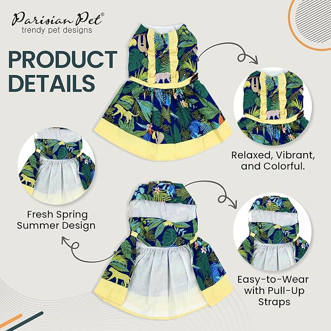 Parisian Pet Amazonia Dress - Leafy Summer Clothes for Dogs - Magic Strap Closure Beach Outfit - Lightweight Dressy Outfit - Dresses for Medium Dogs Girl M