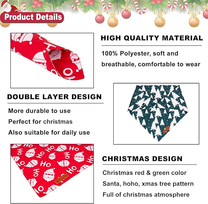 ADOGGYGO Christmas Dog Bandanas 2 Pack, Santa Tree Puppy Christmas Scarf Bib, Premium Durable Fabric, Pet Holiday Bandanas for Small Dogs (Small)