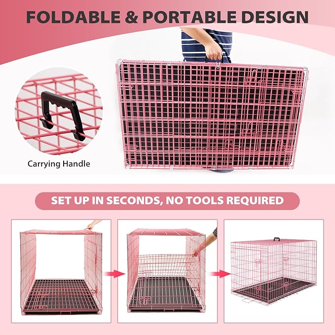 BestPet | Dog Crate | 36" | Pink | Foldable Metal Kennel with Double Doors, Secure Slide-Bolt Latches, Leakproof Tray | Portable Dog Cage for Medium Sized Breeds | for Travel, Indoor & Outdoor Use
