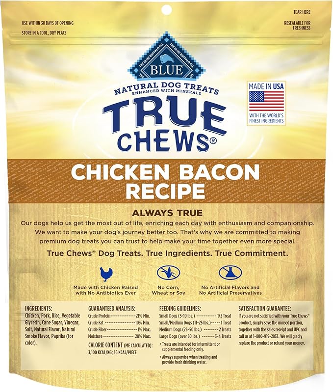Blue Buffalo True Chews Dog Treats, Made in the USA with Natural Ingredients, Chicken Bacon Recipe, 12-oz Bag