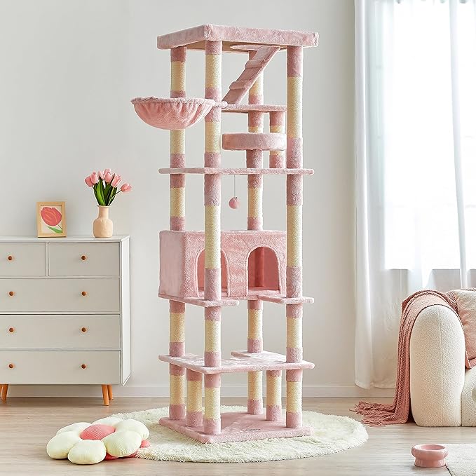 MWPO 74.8 Inches Pink Extra Large Cat Tree, Tall Cat Tower for Indoor Cats with Large Cat Condo, Wide Top Perch, Hammock, Sisal-Covered Scratching Posts, Toys for Kittens & Cats