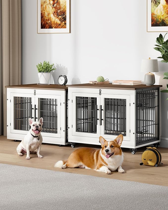 Dog Crate Furniture with Cushion Set of 2, Wooden Dog Kennel Indoor with Double Doors, Dog Cage with Wheels, Dog House Side End Table for Small Medium Dogs up to 45 lb, 32.5" L, White