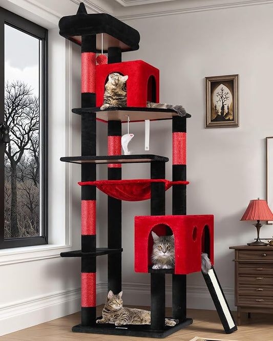 Globlazer Gothic Heavy Duty Cat Tree, 70in Tall Sturdy Goth Cat Tree for Indoor Cats Extra Large Cat Tower with Scratching Post, Cat Condos for Adult Cats Kittens, Hammock, Perch, F70 Pro, Red Black