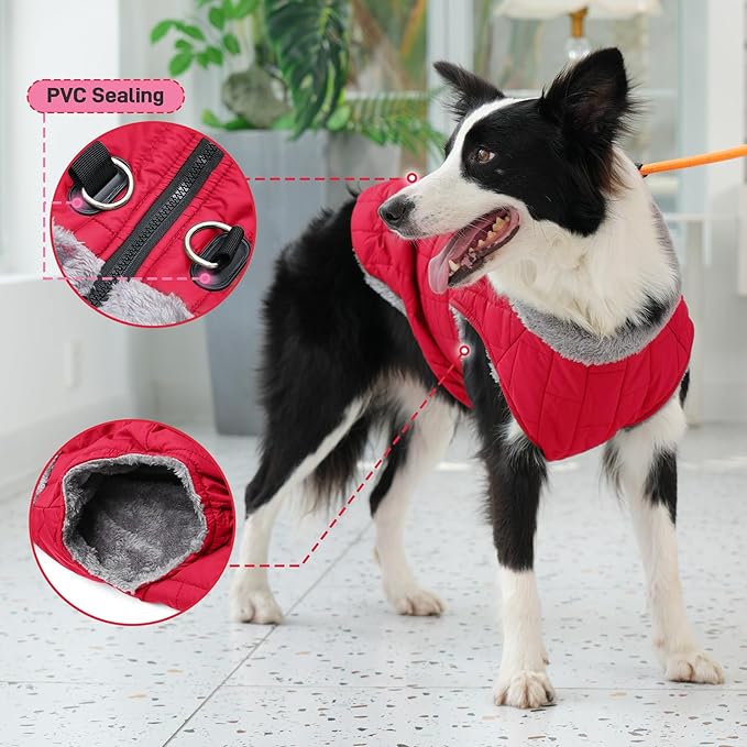 Warm Fleece Dog Coats with Durable Harness Buitl in D-Ring,Waterproof Doggie Jacket for Large Dogs,Dog Vest for Cold Winter,Red XXXL