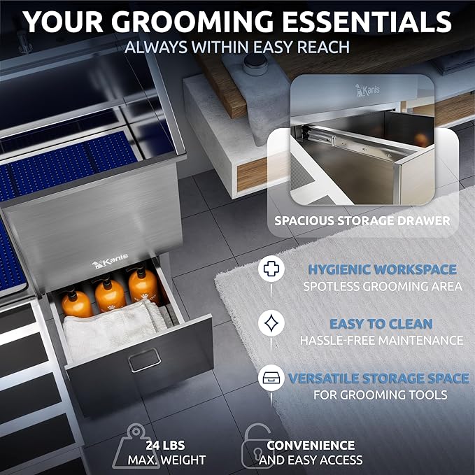 KANIS Professional Dog Washing Station - 304 Stainless Steel Pet Wash Sink & Grooming Bathtub w/Shower, Floor Grates and Storage for Large, Medium & Small Pets (40", 1 Drawer - Left Ramp)