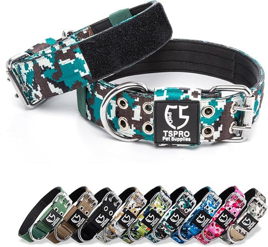 TSPRO Tactical Dog Collar with Metal Buckle & Patch, 1.5 Inch Wide, Adjustable, Durable Thick Collar for Medium to Large Dogs (Camo Cyan)