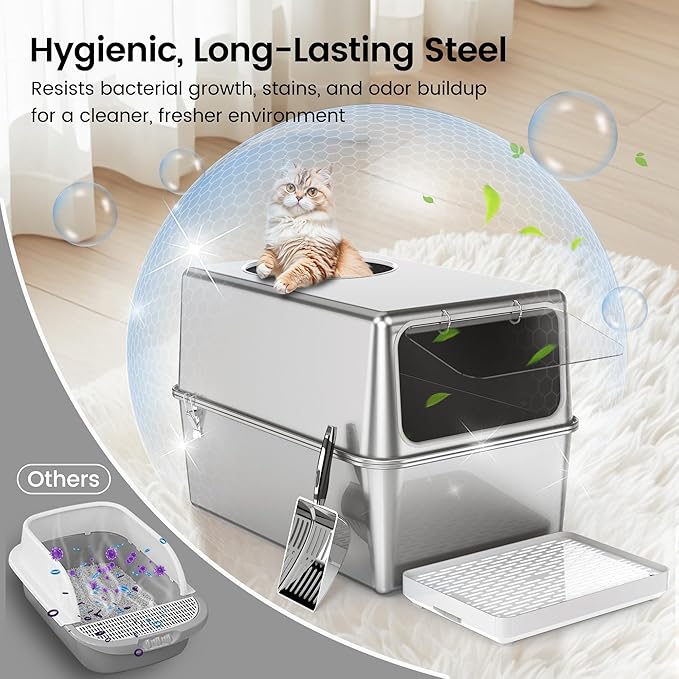 Enclosed Stainless Steel Litter Box with Lid, Enclosed Metal with High Sides, Large Cat Litter Box, Dog-Proof, Odor Control, Easy to Clean,Durable with Round Edge (Front Entry)
