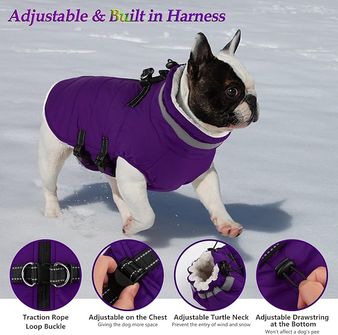 Dogcheer Dog Coat with Harness, Waterproof Dog Jacket Adjustable Pet Winter Coat with Zipper, Christmas Puppy Snow Jacket Fleece Sweater for Small Medium Large Dogs - Purple M