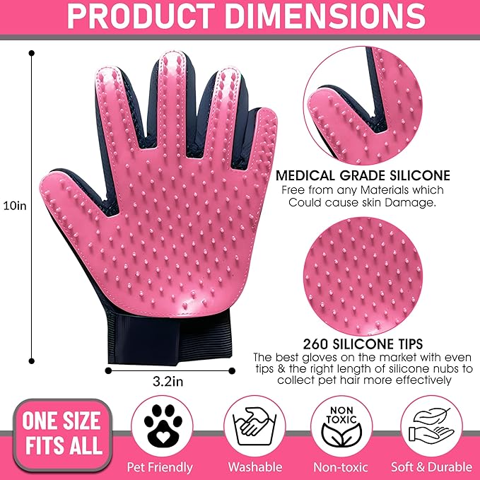 Upgrade Pet Grooming Gloves, Grooming Gloves for Dogs, Cats, Rabbits & Horses with Long and Short Hair, Efficient Pets Hair Remover Mittens - 1 Pair (Pink)