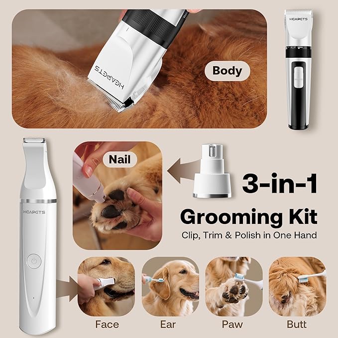 Dog Hair Clippers for Grooming Kit and Dog Paw Trimmer Nail Grinder for Grooming, Low Noise Rechargeable Cordless, Shaver Grooming Supplies for Pet Cats Dogs (White, White)