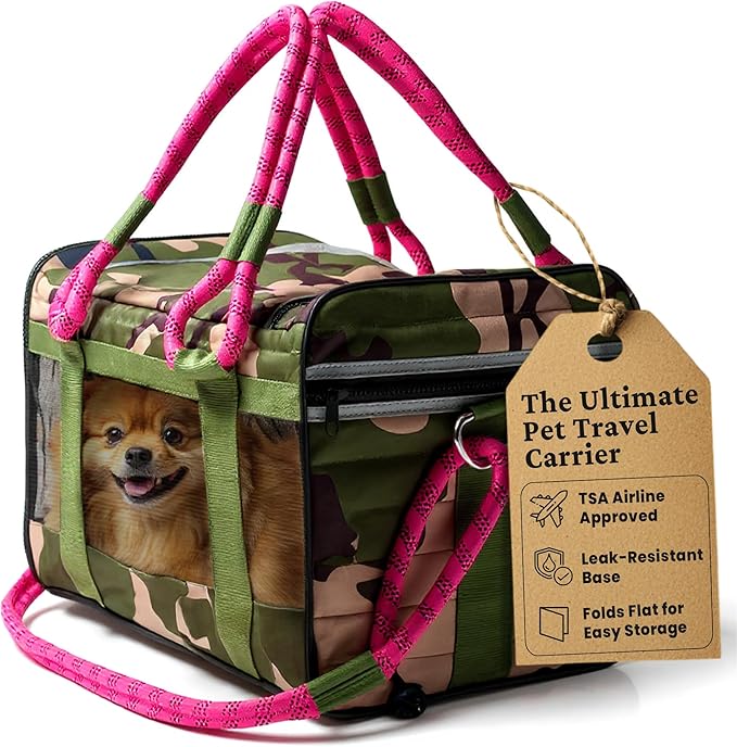 | TSA Airline Approved |Soft Sided Pet Carrier | Cat Carrier | Dog Carrier| Pets Up to 15 lbs | Leash & Luggage Strap | Camo Pink Handle