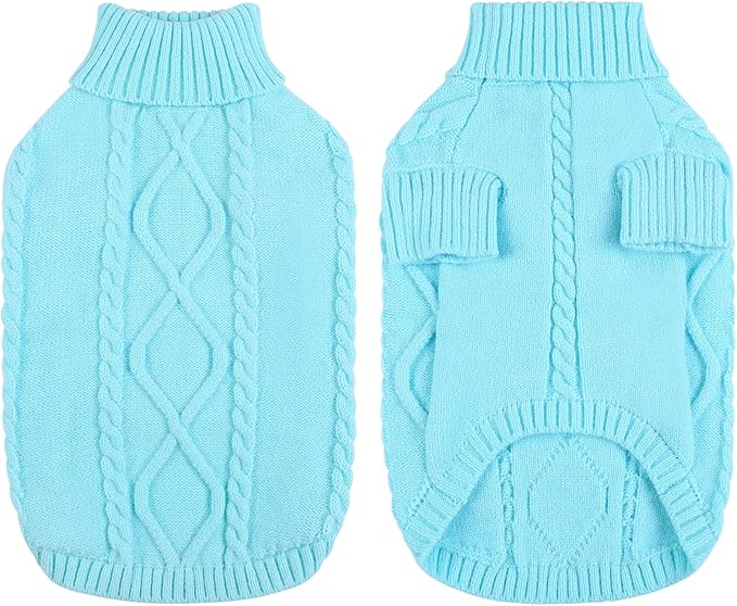 Queenmore Small Dog Pullover Sweater, Cold Weather Cable Knitwear, Classic Turtleneck Thick Warm Clothes for Chihuahua, Bulldog, Dachshund, Pug (Sky Blue, X-Large)