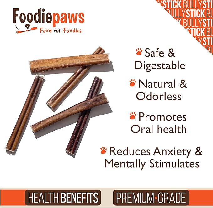 FOODIEPAWS All Natural 6 Inch Mega Bully Sticks, Odor Free | Grass-Fed Beef | Single Ingredient & Rawhide-Free | Long Lasting Dental Dog Chews | Packed in USA | for Medium & Large Dogs, 15 Pack
