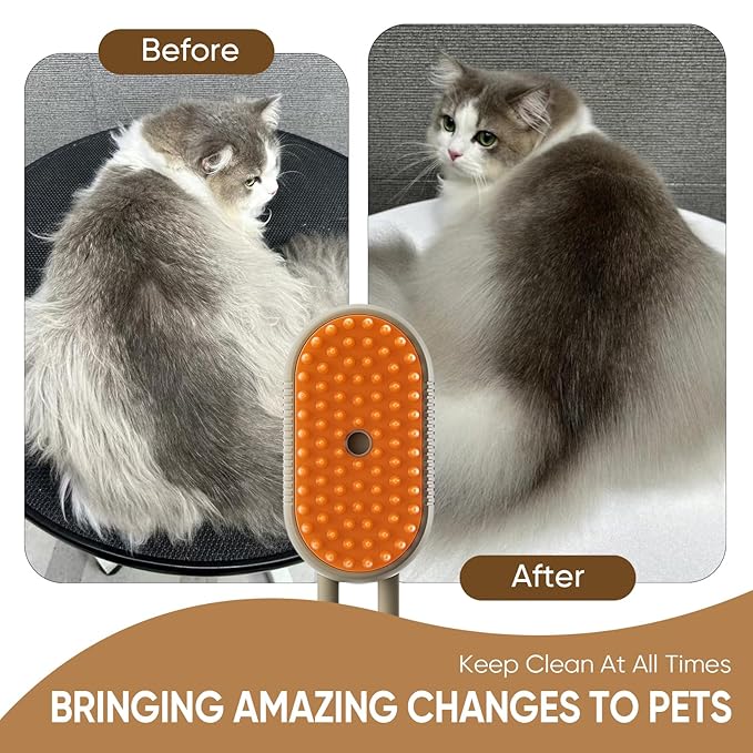 4-in-1 Steam Cat Brush for shedding–Self-Cleaning Comb for Long and Short Hair Cats and Dogs, Steam Pet Brush for Hair Removal, Vibrating Message, Grooming & Relaxation (Khaki)