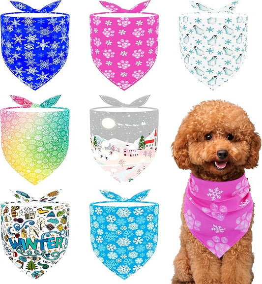 7 Pcs Winter Dog Bandanas for Small Dogs Adjustable Stitching Edge Dog Bandanas Snow Scarves Puppy Cats Breed Grooming S
