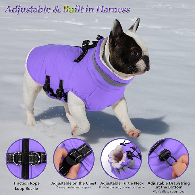 Dogcheer Dog Coat with Harness, Waterproof Dog Jacket Adjustable Winter Coat with Zipper, Christmas Puppy Snow Jacket Fleece Sweater for Small Medium Large Dogs - Taro Purple L