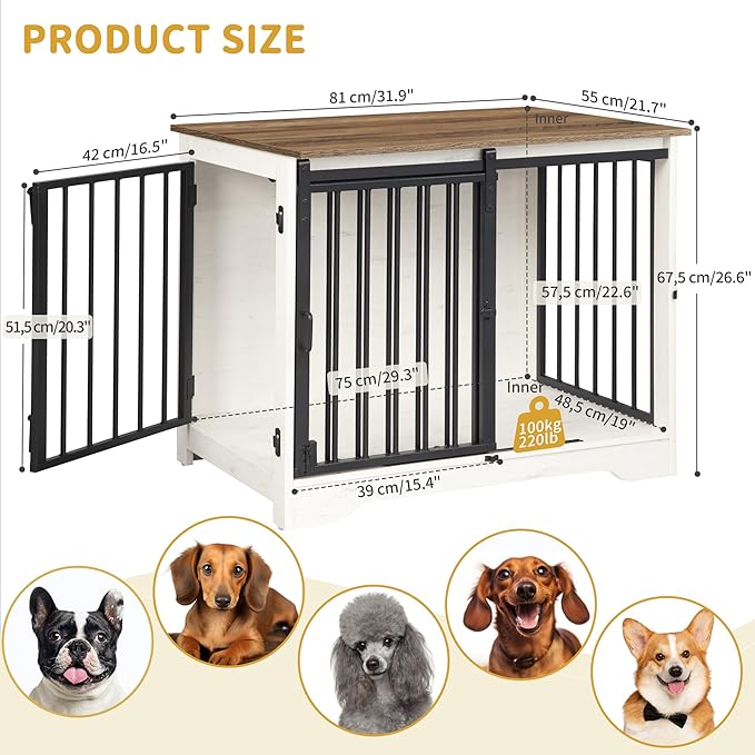 31.9" Dog Crate Furniture with Barn Door, Heavy Duty Dog Kennel Indoor with 2 Doors, Wooden Pet Cage End Table for Small Medium Dogs up to 44 lb, Anti-Chew Anti-Escape, White Brown DFC83614B