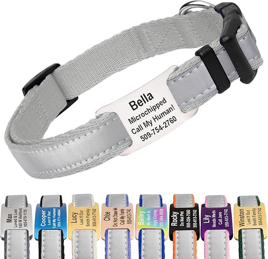 GoTags Reflective Personalized Dog Collar with Nameplate, Adjustable Dog Collar with Custom Engraved Steel Slide On Pet ID Tag, Silent, No Noise Dog Tag for Large Medium or Small (Light Gray, Small)