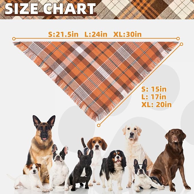 KOOLTAIL Thanksgiving Fall Dog Bandanas 4 Pack - Soft Breathable Washable Plaid Pet Scarf Bibs Kerchief, Dog Autumn Costume, Holiday Triangle Towel for Girl Boy Small Medium Large Dogs Cats, Orange L