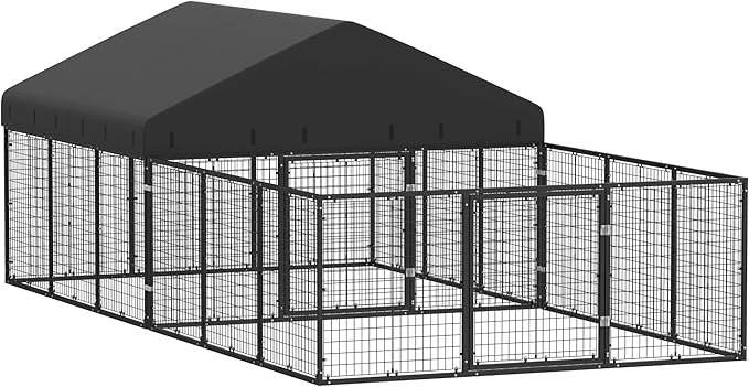 Outdoor Dog Kennel with Dog Fence for Medium/Small Dogs Anti-Rust Coating Cage with Roof All Weather Resistant Dog House with Double Locks