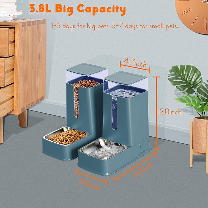 Cat Food Dispenser and Cat Water Dispenser Set with Stainless Steel Bowls Gravity Dog Feeder for Small Medium Big Cat Dog Pet Puppy Kitten, 1 Gallon x 2