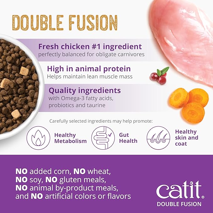Catit Recipes Double Fusion Indoor Cat Food – Chicken Recipe, High-Protein, Freeze-Dried Raw Toppings, No by-Products, Minimally Processed, Balanced Nutrition for Indoor Cats, 10 lb