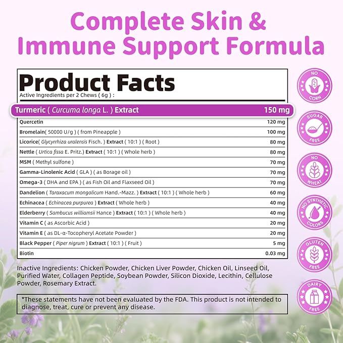 Dog Allergy Relief Chews, Itch Relief for Dogs – Turmeric & Omega-3 Supplements for Skin Comfort, Coat Health & Seasonal Support, Immune Care with Biotin & Quercetin – Chicken Flavor, 90 Count