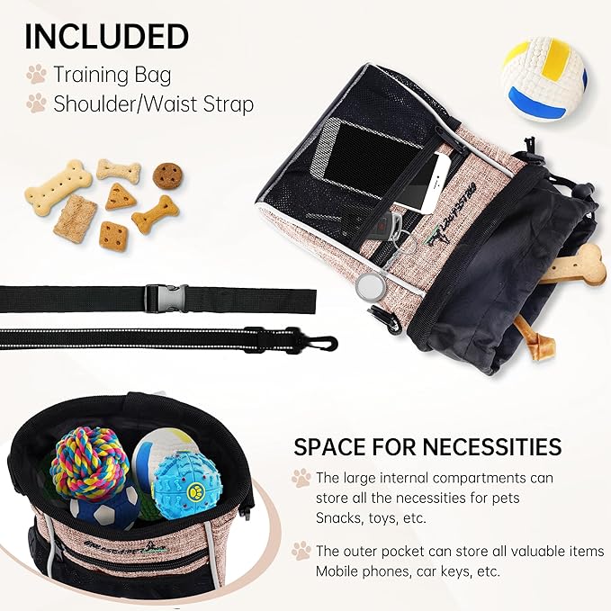 Dog Treat Pouches Training Walking Bag with Shoulder Strap, Large Space for Pets Food, Polyester Fabric, 3-Way Wearing Design, Portable Pet Bagand Easy to Clean (Ginger)