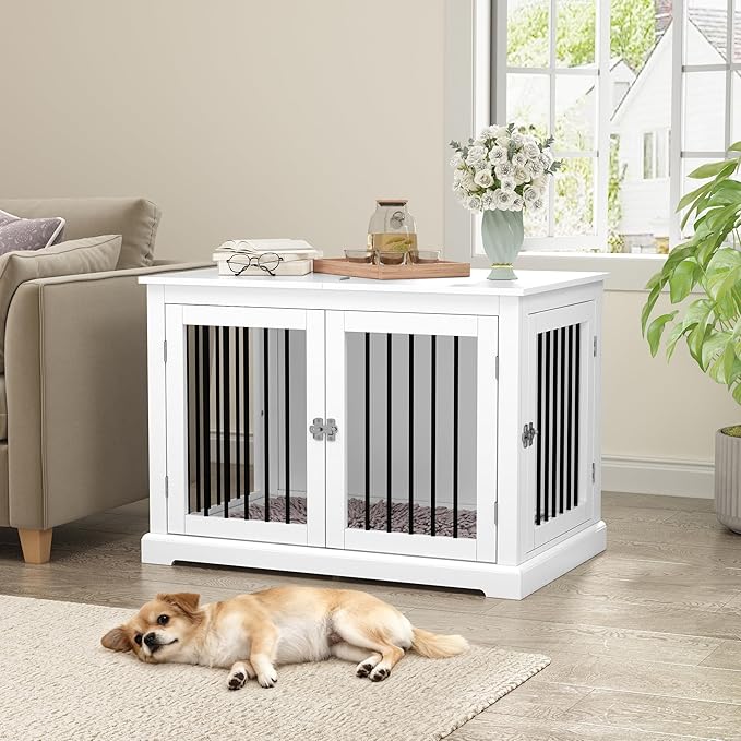 Furniture Style Dog Crate with Cushion, Dog Kennel Medium, Pet Crates, Dog Cage for Small and Medium Dogs, Decorative Dog Kennel with Flip-top Plate, Chew-Proof Metal Bars, White