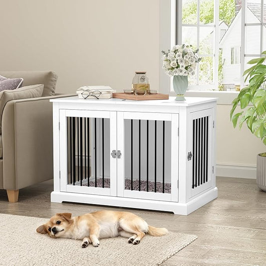 Furniture Style Dog Crate with Cushion, Dog Kennel Medium, Pet Crates, Dog Cage for Small and Medium Dogs, Decorative Dog Kennel with Flip-top Plate, Chew-Proof Metal Bars, White
