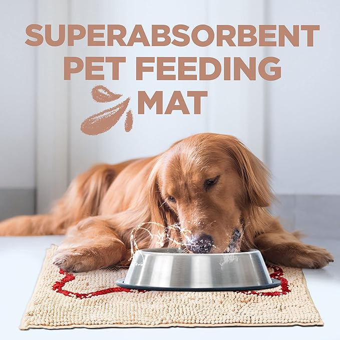 Soggy Doggy Slopmat - Water Absorbing Door Mat for Food and Water - Microfiber Chenille Rug for Muddy Paws and Messy Eaters - Machine Washable (Beige/Red Bone, 18” x 24″)