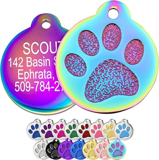 GoTags Paw Print Round Stainless Steel Pet Tag for Dogs and Cats, Personalized with 4 Lines of Custom Engraved ID Name and Number, in Stainless Steel and 15 Colors Small and Large, Rainbow
