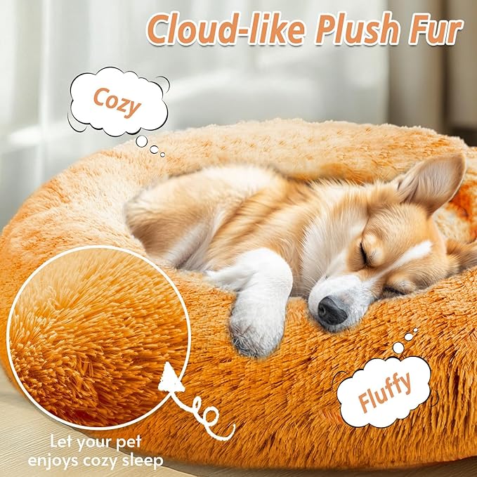 JOLLYVOGUE Calming Dog & Cat Bed for Small Dogs, Anti-Anxiety Donut Cuddler Cozy Soft Round Bed with Anti-Slip Bottom, Fluffy Faux Fur Plush Cushion Beds for Small Medium Pets (20")