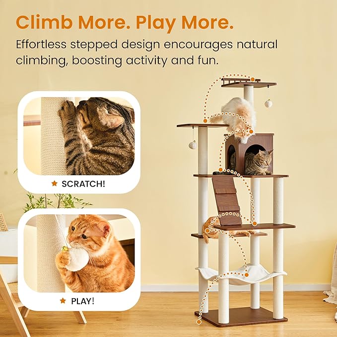Large Modern Cat Tree - 70 inch Tall Cat Tower for Indoor Cats, Multi-Level Cat Condo with 7 Fully Wrapped Scratching Posts,2 Spacious Perches, Hammock, Cozy Pad & Dangling Balls-Walnut Brown