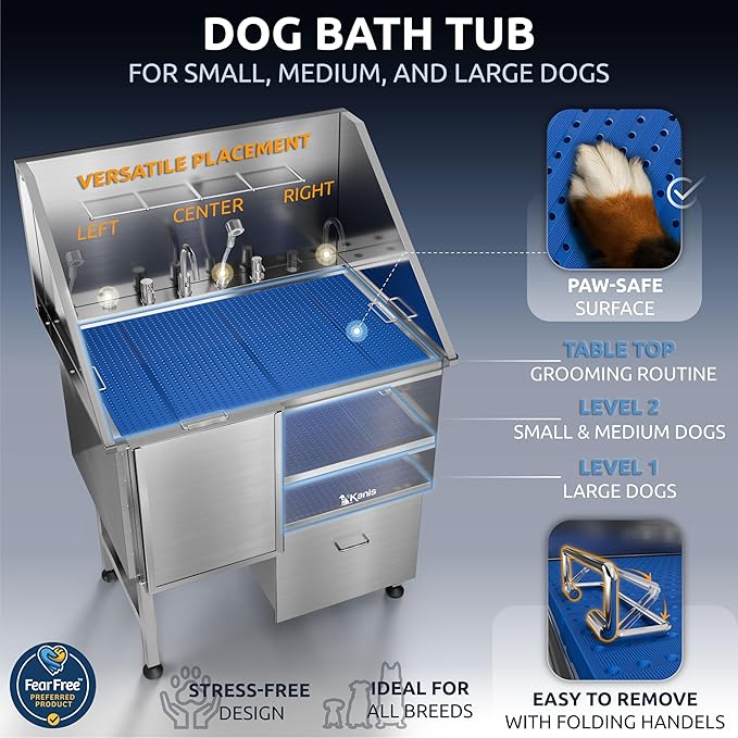 KANIS Professional Dog Washing Station - 304 Stainless Steel Pet Wash Sink & Grooming Bathtub w/Shower, Floor Grates and Storage for Large, Medium & Small Pets (40", 1 Drawer - Left Ramp)