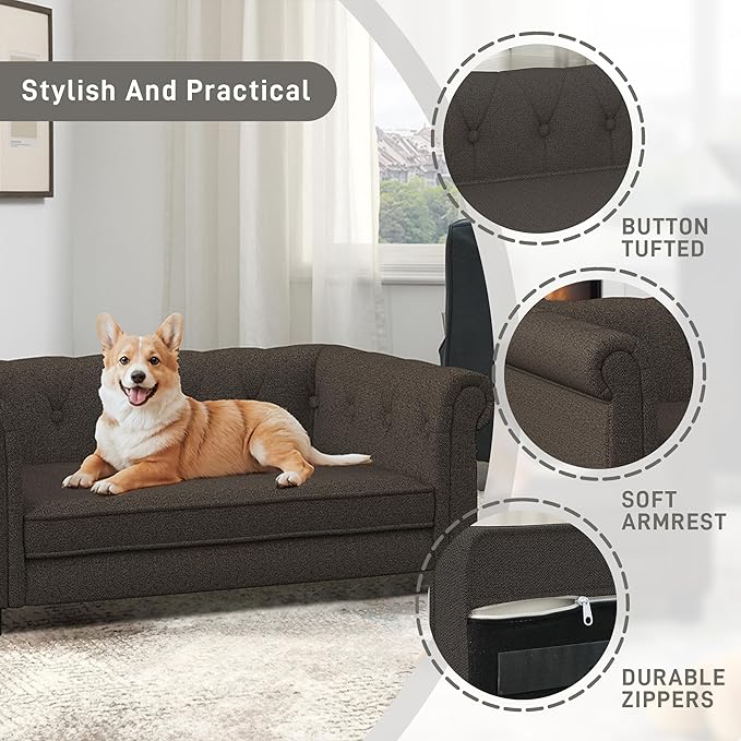 Dog Sofa Couch for Medium to Large Dogs, Memory Foam Pet Sofa Couch with Washable Fabric, Durable Elevated Dog Bed with Legs, Removable Cushion for Medium and Large Dogs, Dark Brown