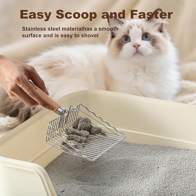 Premium Cat Litter Scoop with Ergonomic Beech Wood Handle - Stainless Steel Sifter with Hook & Hole for Easy Cleaning, Durable & Odor-Free (Steel Wire)