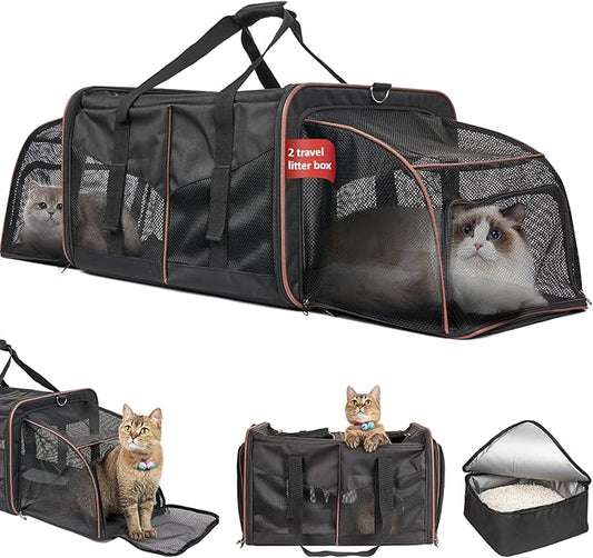 Cat Carrier for 2 Cats - Portable Dual Cat Travel Carrier Bag for Traveling, INRLKIT Cat Carrier with Litter Box, Portable Double Cat Travel Carrier for Camping (Black)