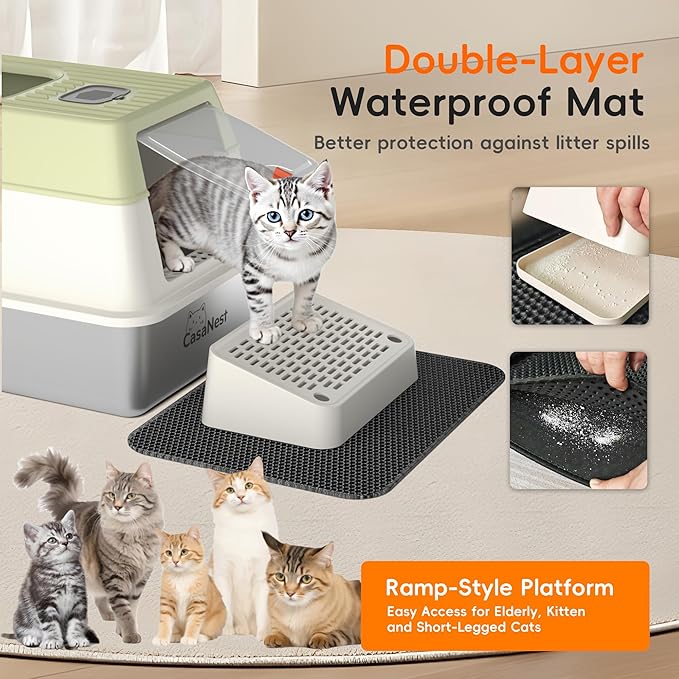 3-in-1 Extra Large Stainless Steel Cat Litter Box with Lid, XL Enclosed Top Entry Metal Litter Box for Large Cats, Non-Stick & Odor Control, Leak-Proof, Easy Cleaning for Multi-Cat Home, Green