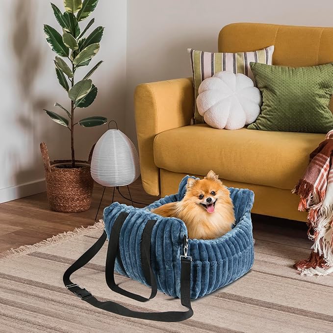 Dog Car Booster Seat, for Small Dogs Under 30 lbs, Detachable Washable Travel Bed with Storage Pockets and Safety Belt (SOMKY Blue, Medium)