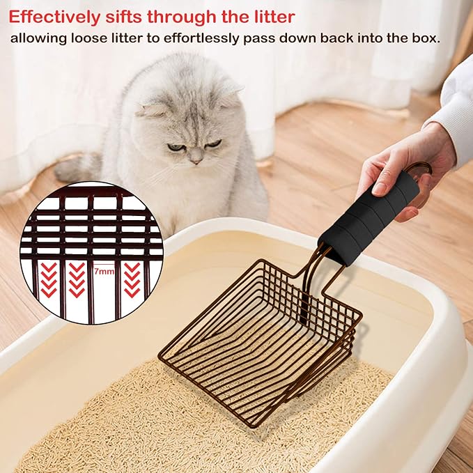 Cat Litter Scoop, Steel Metal Scooper with Deep Shovel and Long Foam Handle for Kitty Litter Box, Soft Pet Sifter, Comfy Poop Sifting, Pooper Lifter, Durable and Heavy Duty, Bronze Finish